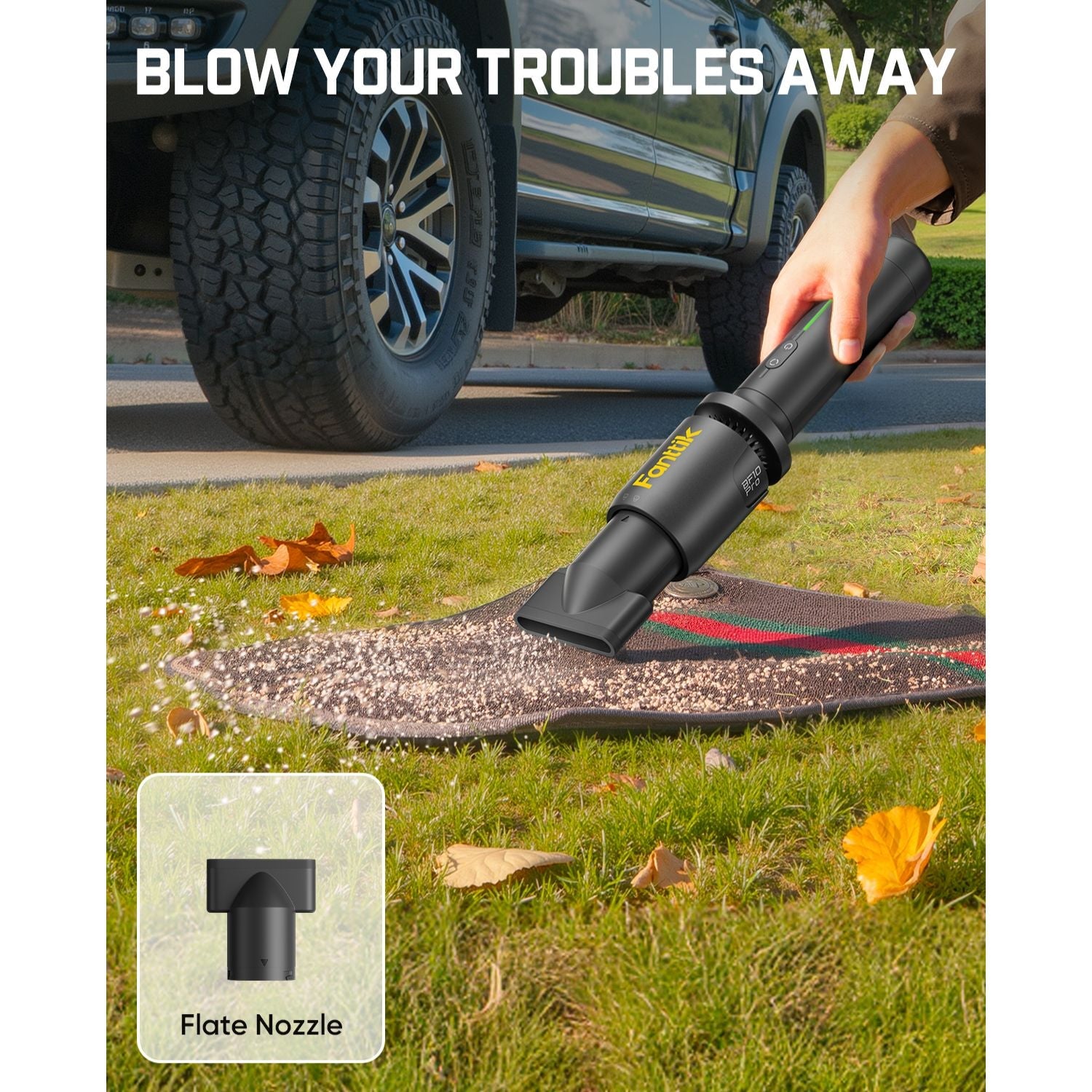 Fanttik BF10 Pro cordless leaf blower cleaning a doormat with flat nozzle attachment.