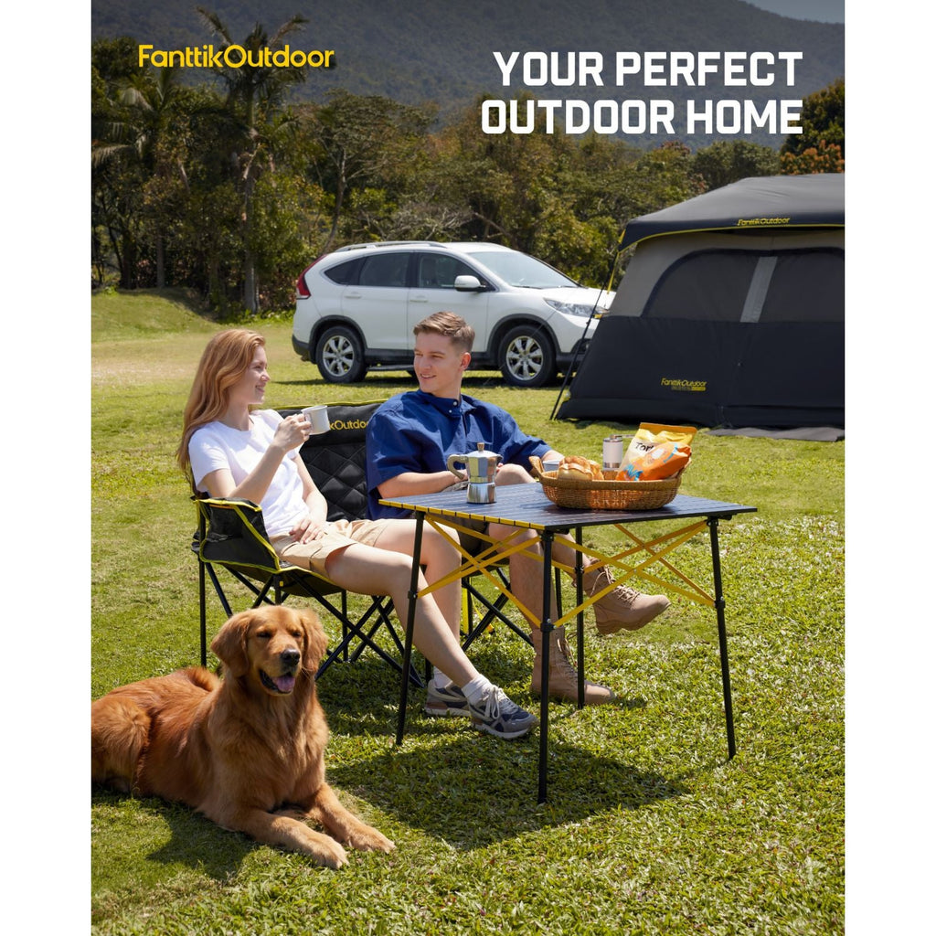 FanttikOutdoor Zeta L11 Duo Pro double camping chair at a campsite with a folding table