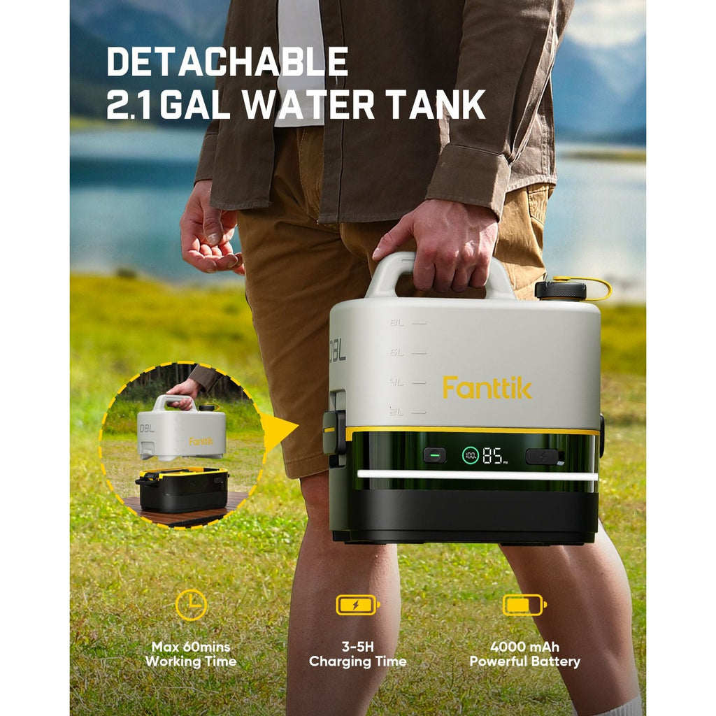 Person holding a Fanttik NB10 Nano Portable Cordless Electric Sprayer with text highlighting features, outdoors.