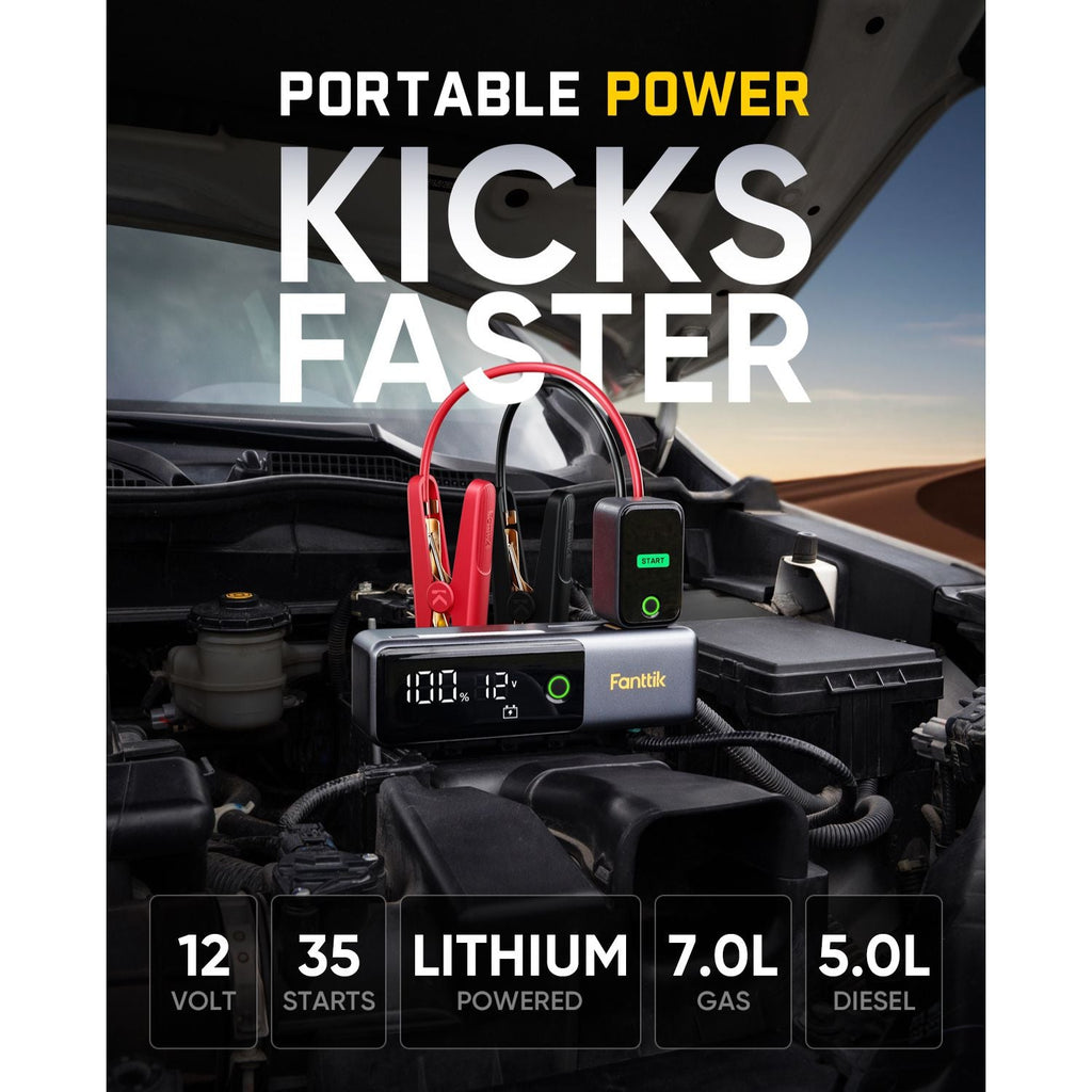 Fanttik Potent T10 jump starter: 1800A peak, 100% charge, 12V, 35 starts, lithium, 7.0L gas/5.0L diesel compatible.