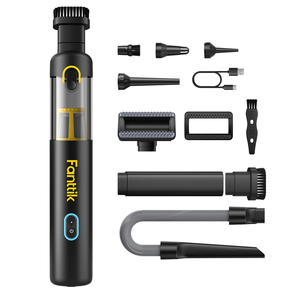 Black Fanttik Slim V8 Apex portable car vacuum with multiple attachments including crevice tool, brush, and extension hose.