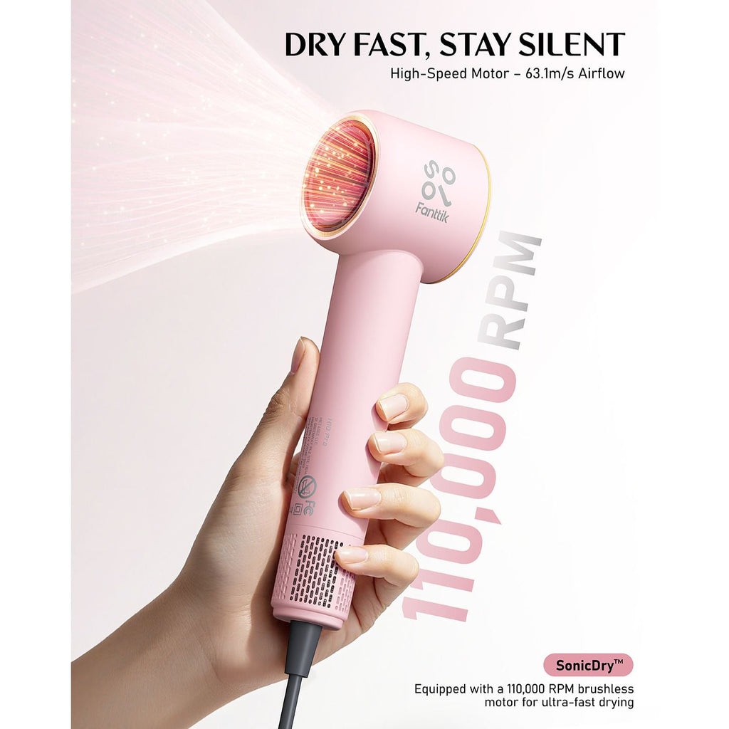 FanttikSolo SonicDry H10 PRO pink hair dryer with 110,000 RPM brushless motor for fast drying.