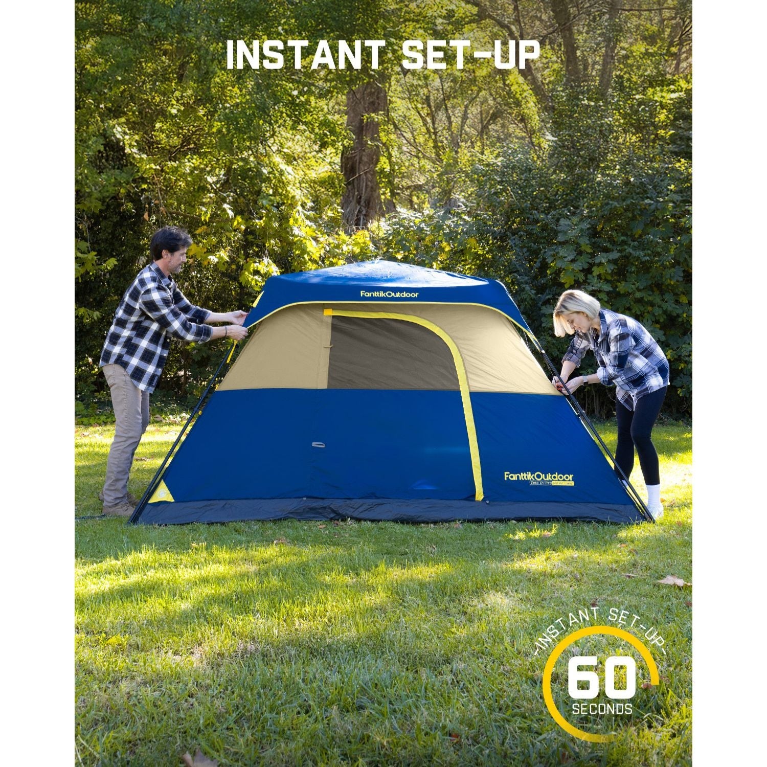 FanttikOutdoor Zeta C4 Pro tent, blue/tan, 2 people setting up. "Instant Set-Up 60 Seconds" graphic.