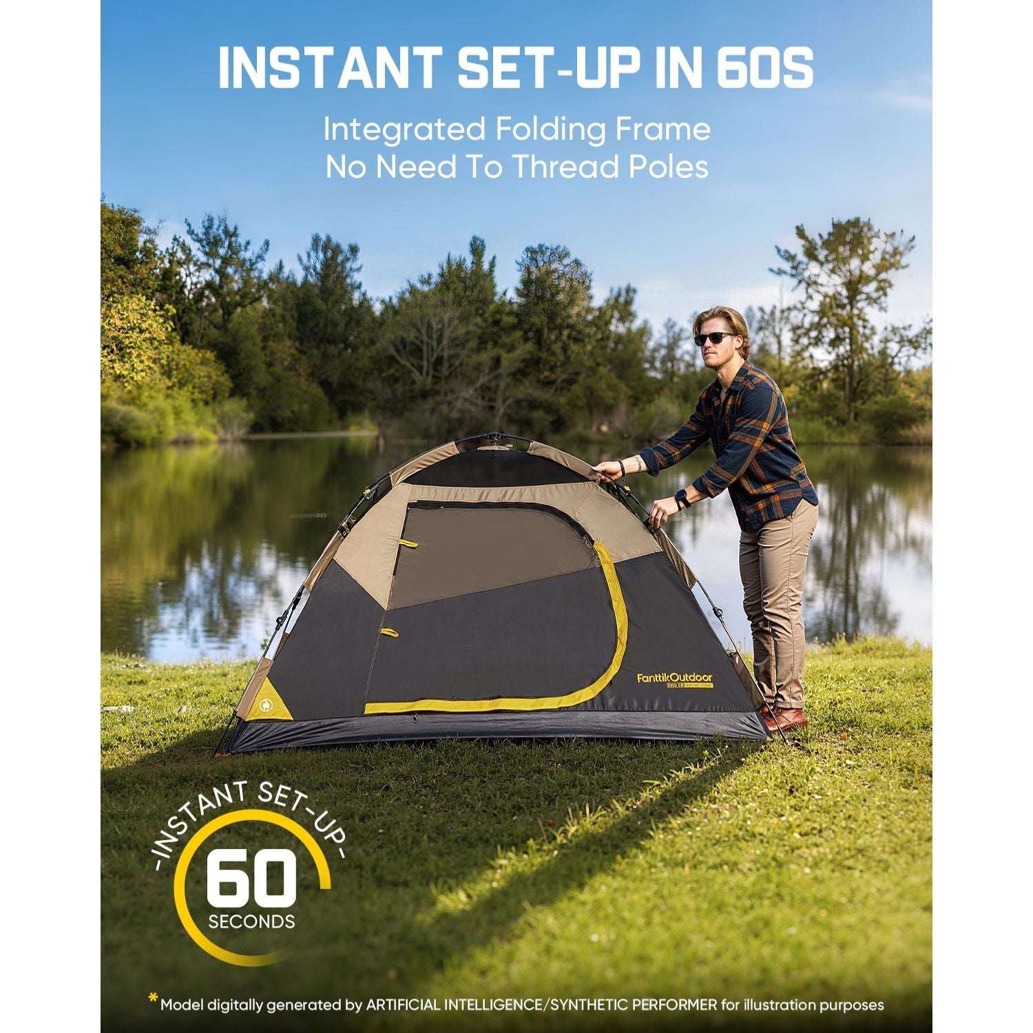 Person setting up a tent near a lake with text about instant set-up time.