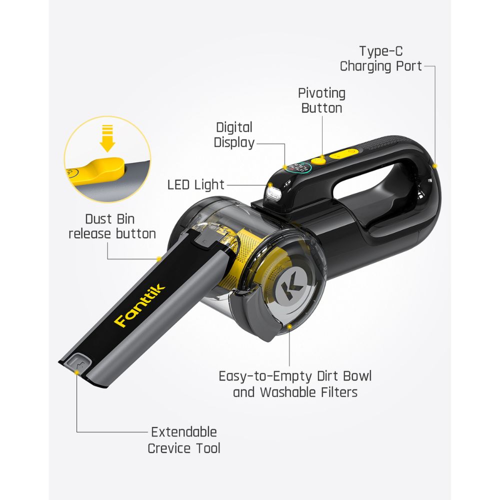 Fanttik V10 APEX handheld car vacuum with digital display, LED light, Type-C charging port, and extendable crevice tool