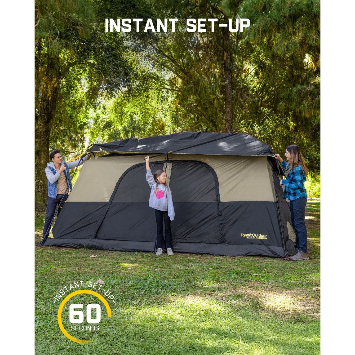 FanttikOutdoor Zeta C10 Pro Max 10 person instant camping tent being set up in 60 seconds.