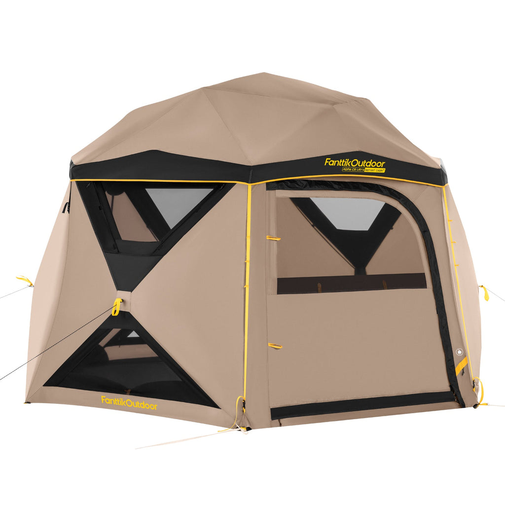 FanttikOutdoor Alpha C6 Ultra instant cabin tent, tan, 6-person, with mesh windows, ideal for camping.