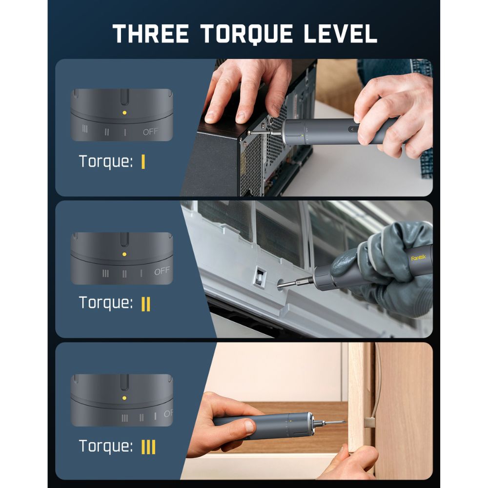 Fanttik electric screwdriver with three torque levels (I, II, III) shown in use on computer, AC, and wood.
