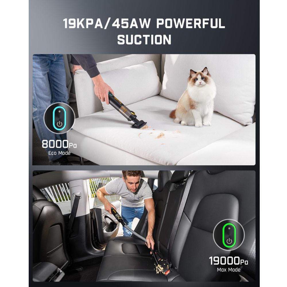 Fanttik Slim V8 Apex car vacuum: 19000Pa max suction for car cleaning, 8000Pa Eco Mode for upholstery.