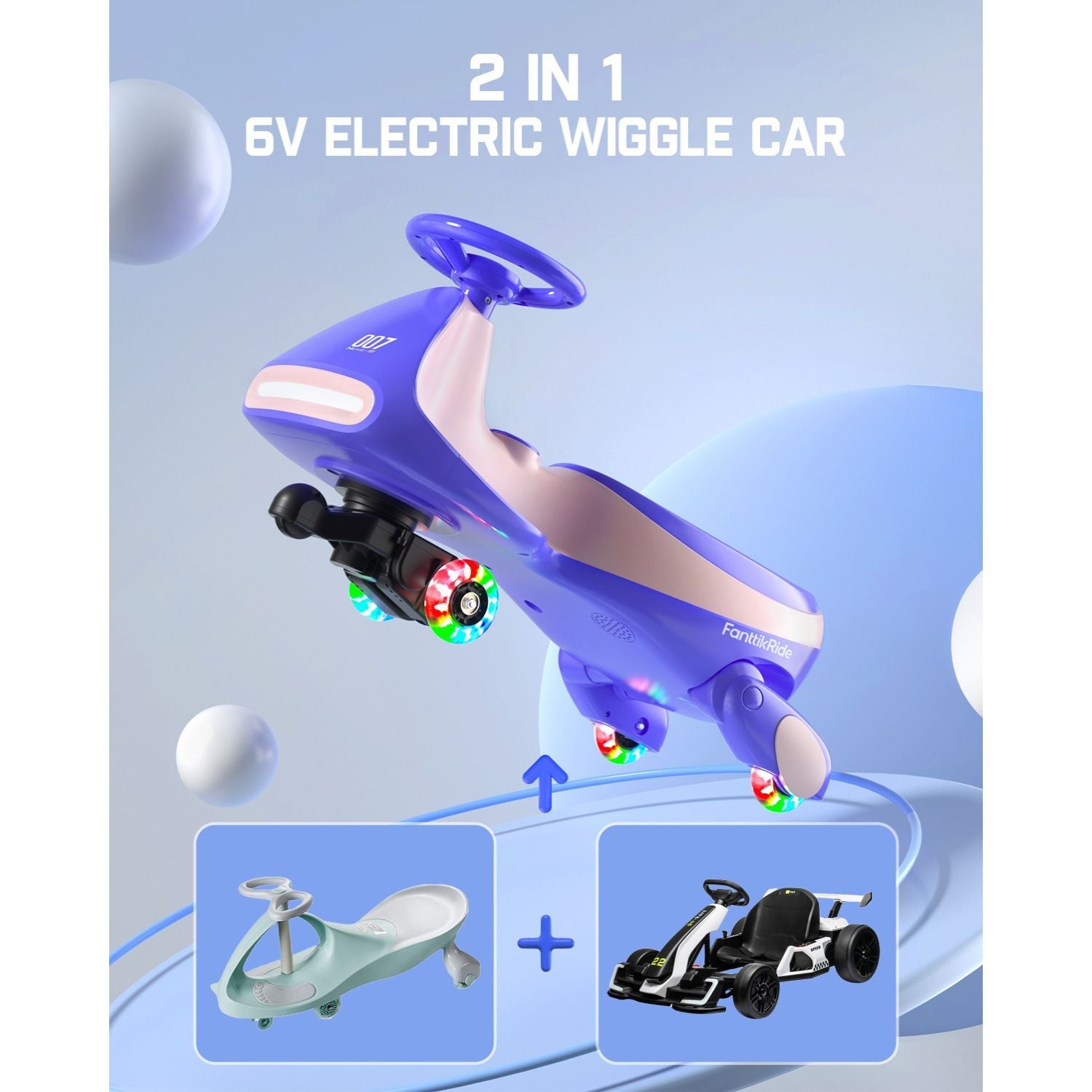FanttikRide N7 Classic 6V electric wiggle car in purple with 2-in-1 functionality, featuring flashing wheels.