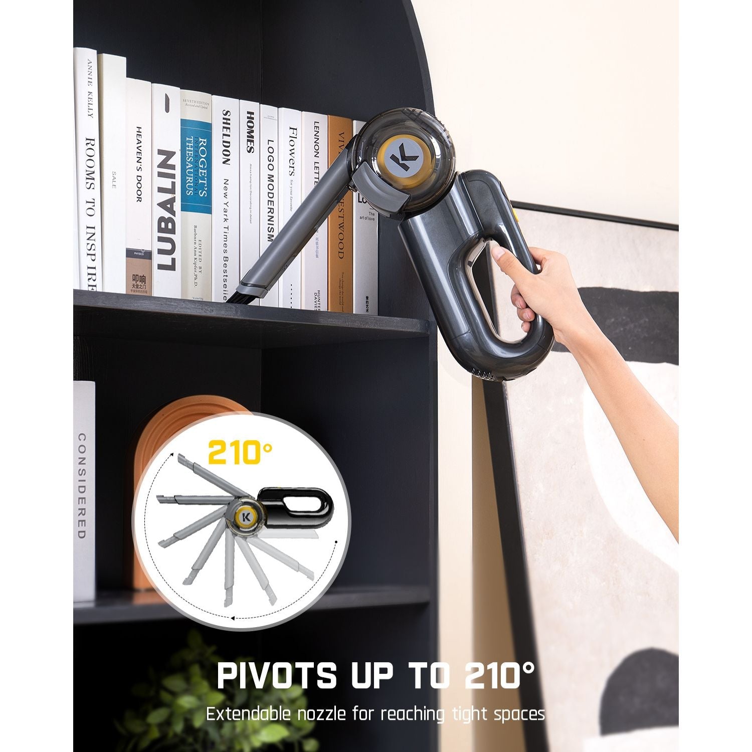 Fanttik Fold V10 Ultra Deluxe handheld vacuum with extendable nozzle pivoting up to 210° for cleaning tight spaces