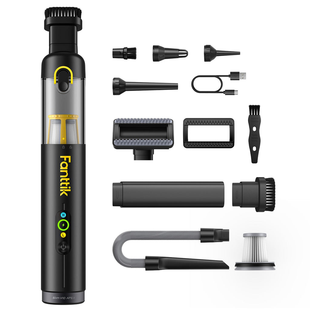 Fanttik Slim V10 Apex cordless car vacuum with multiple attachments.