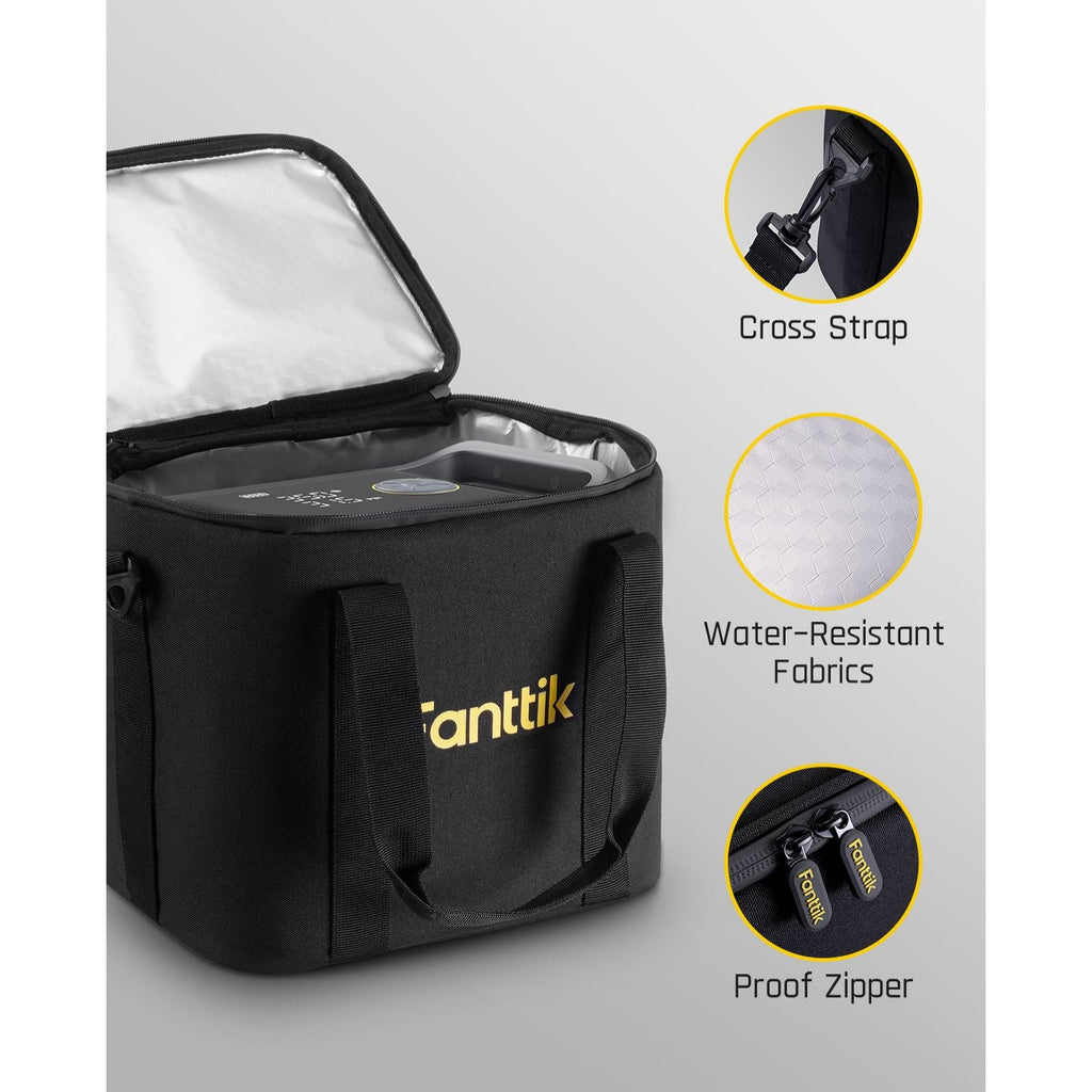 Black Fanttik carrying bag for X9 Ultra tire inflator. Features cross strap, water-resistant fabric, and proof zipper.