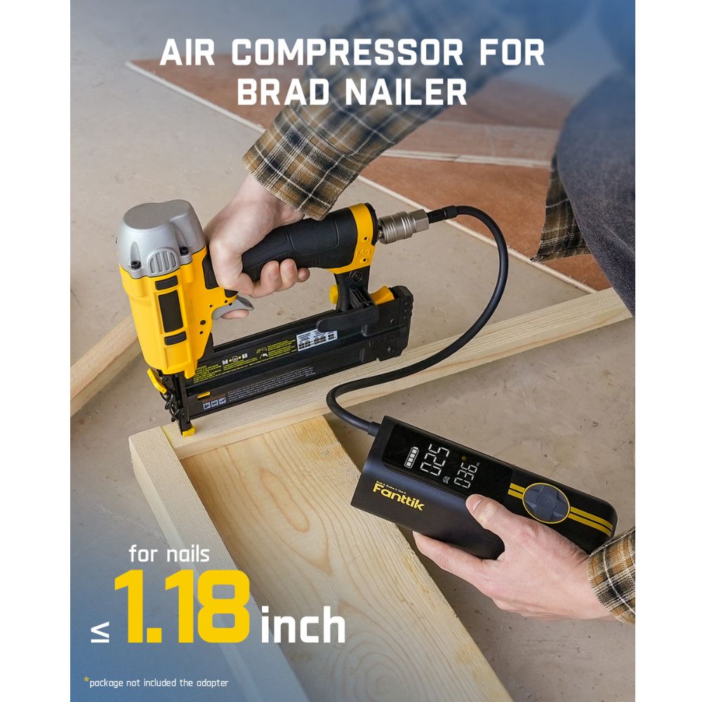 Fanttik air compressor used with brad nailer for nails up to 1.18 inch