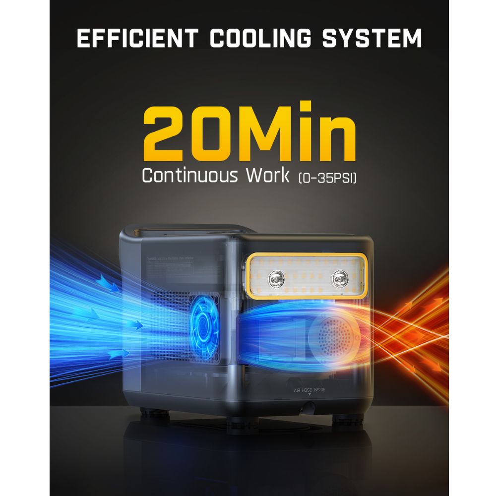 Fanttik X9 Ultra tire inflator with efficient cooling, 20 min continuous work (0-35 PSI).