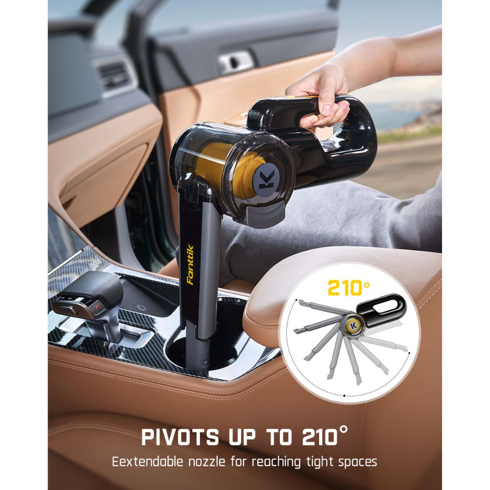 Fanttik V10 Apex car vacuum with pivoting nozzle, pivots up to 210° for tight spaces