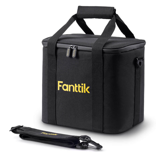 Fanttik carrying bag for X9 Ultra tire inflator, black, with yellow logo, handles, and shoulder strap.