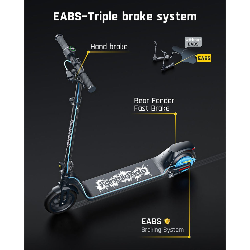 FanttikRide T10 electric scooter triple brake system: hand brake, rear fender fast brake, and EABS.