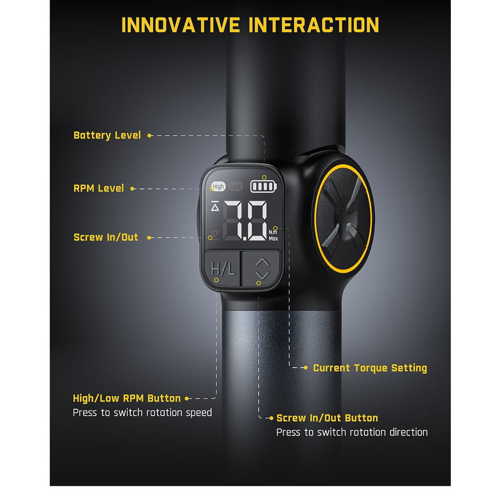 Fanttik Fold S1 APEX screwdriver display: torque (70 N.m), battery, RPM, screw direction. Buttons for speed, direction.