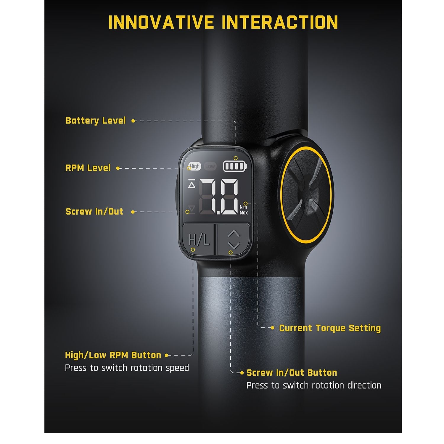 Fanttik Fold S1 APEX screwdriver display: torque (70 N.m), battery, RPM, screw direction. Buttons for speed, direction.