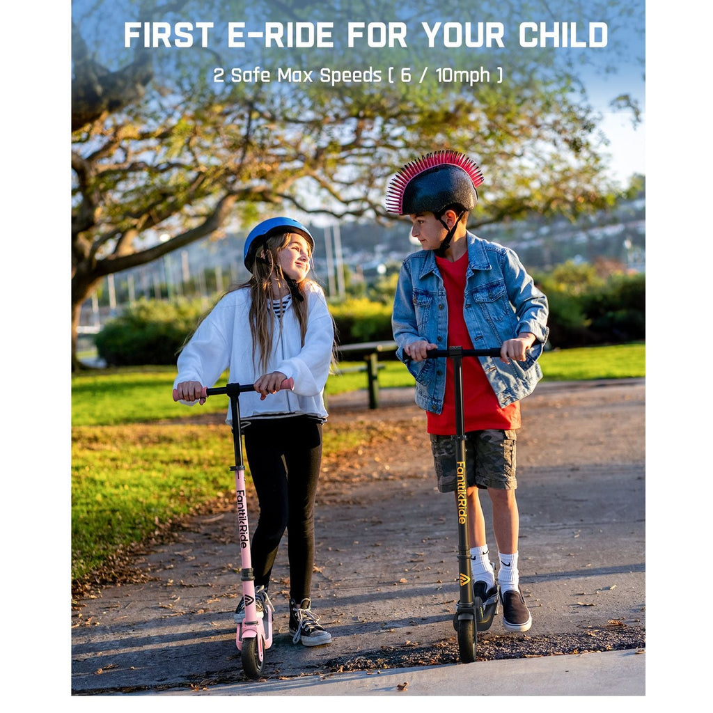FanttikRide C9 electric scooter for kids in pink and black, ridden by children. Features 2 safe max speeds (6/10mph).