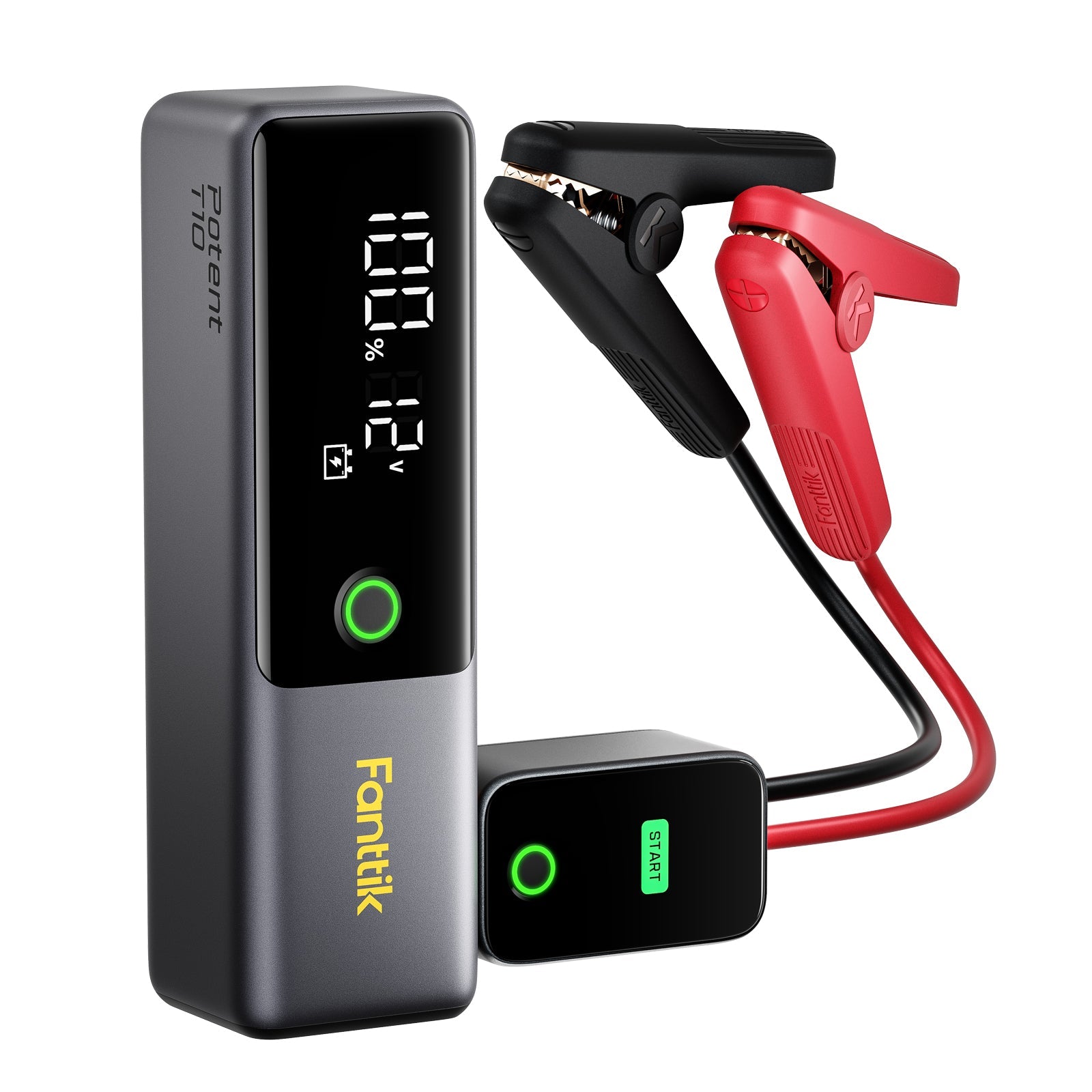 Fanttik Potent T10 1800 Amp jump starter with digital display showing 100% battery and 12V, and smart clamps attached.