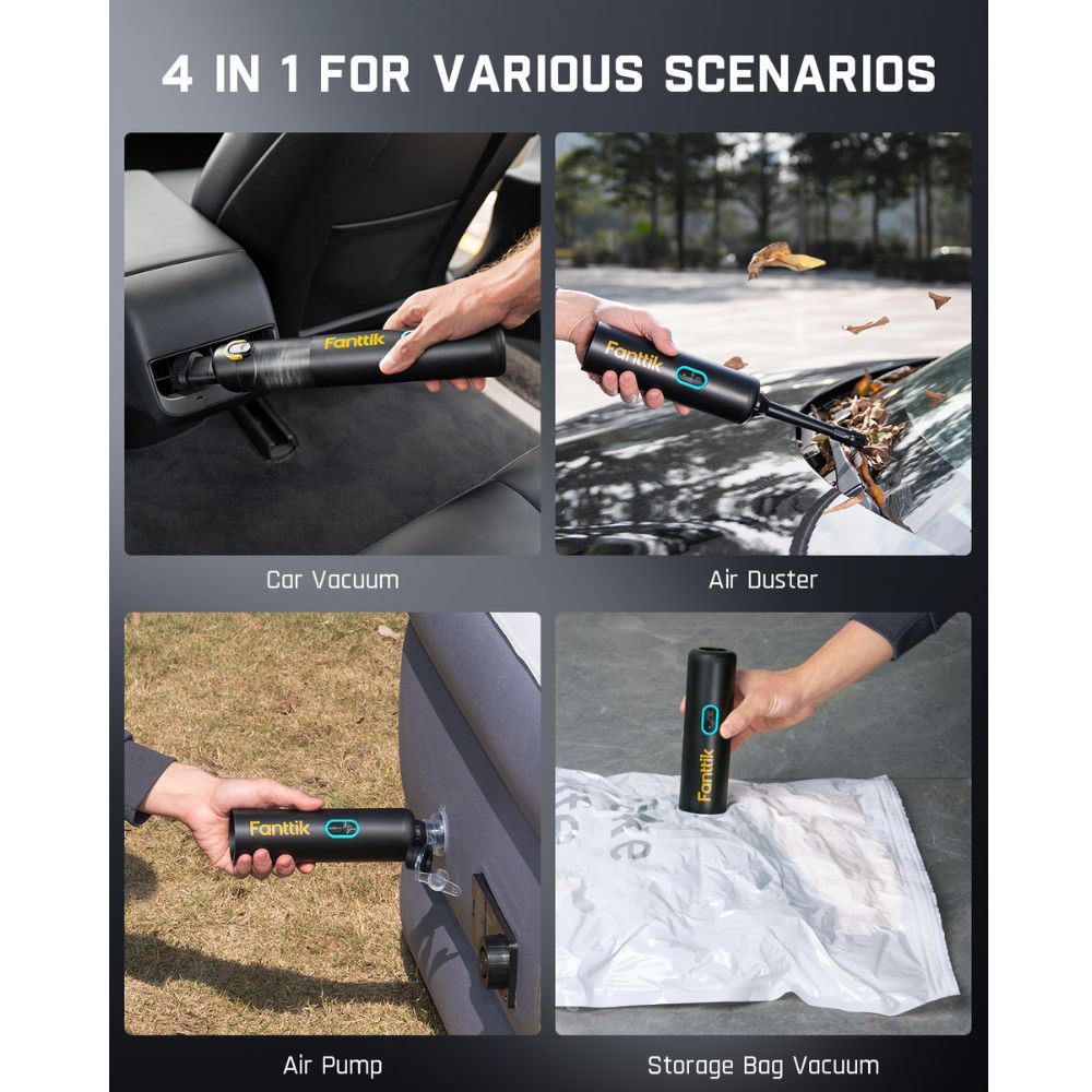 Fanttik V8 Apex 4-in-1: car vacuum, air duster, air pump, and storage bag vacuum functions shown for diverse use.