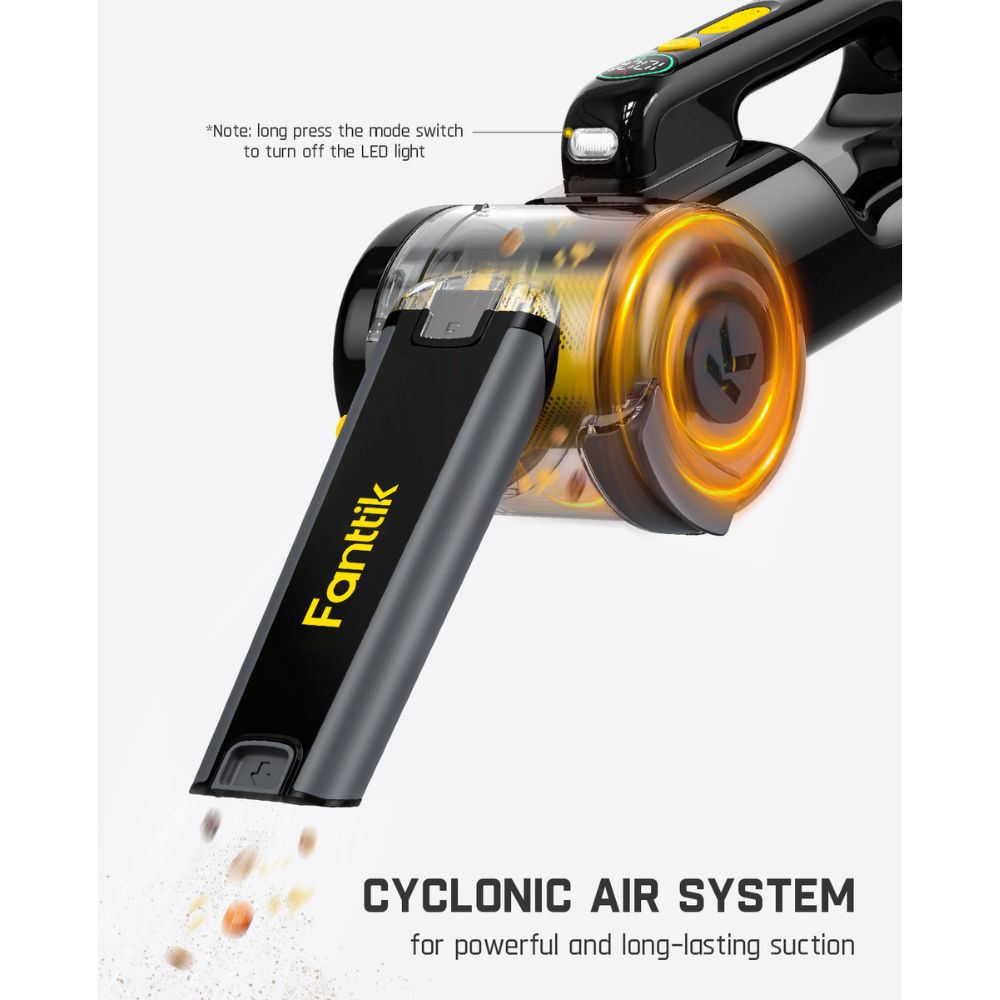 Fanttik V10 Apex car vacuum with cyclonic air system in action, showing powerful suction.