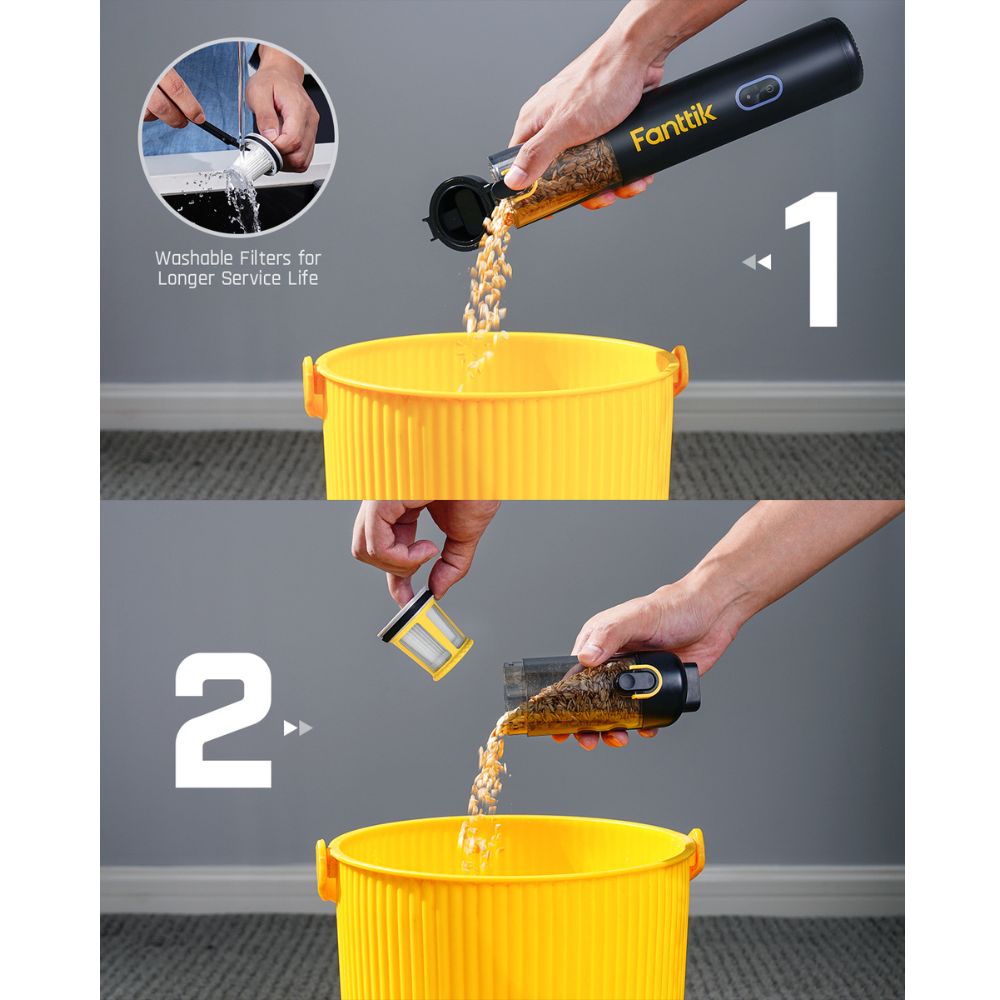 Fanttik vacuum cleaner dustbin & washable filter cleaning. Debris emptied into bucket, filter cleaned for longer life.