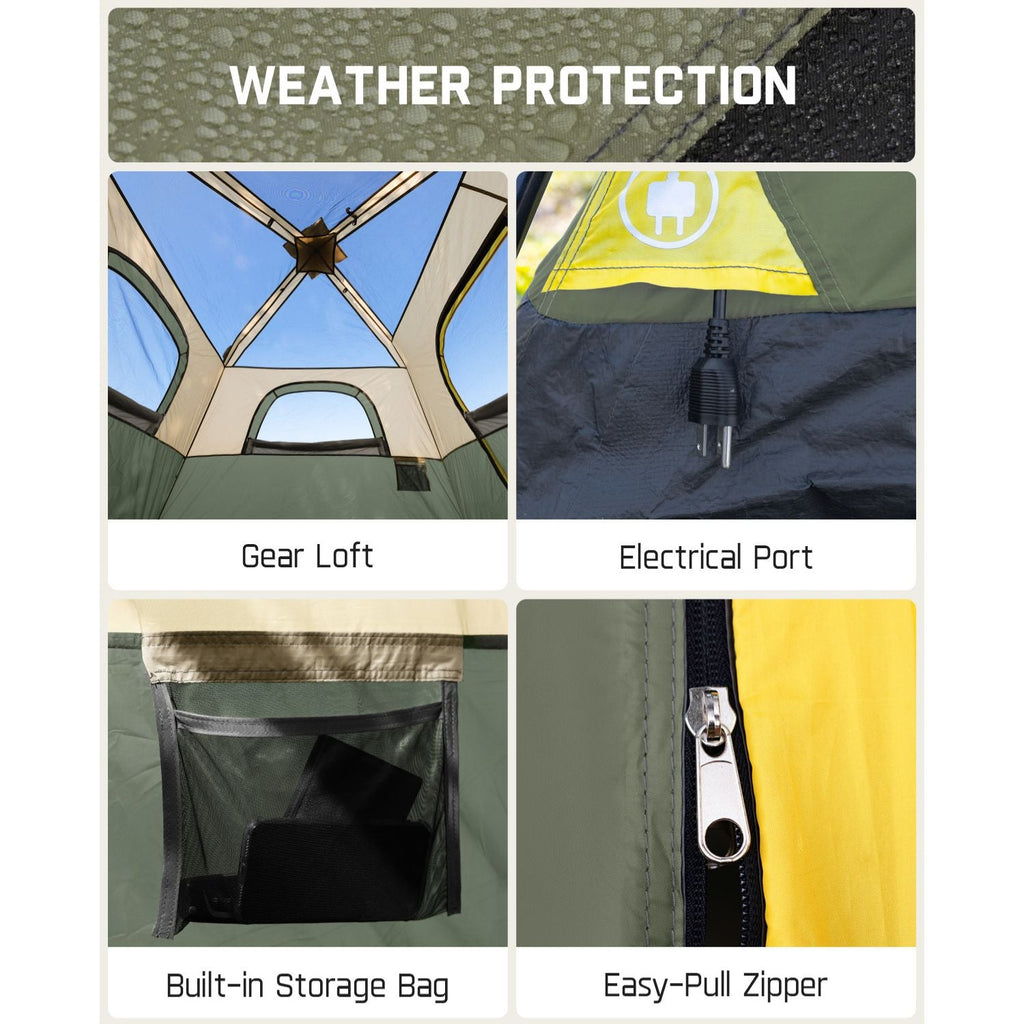 FanttikOutdoor Zeta C6 Pro tent features: weather protection, gear loft, electrical port, storage bag, easy-pull zipper.