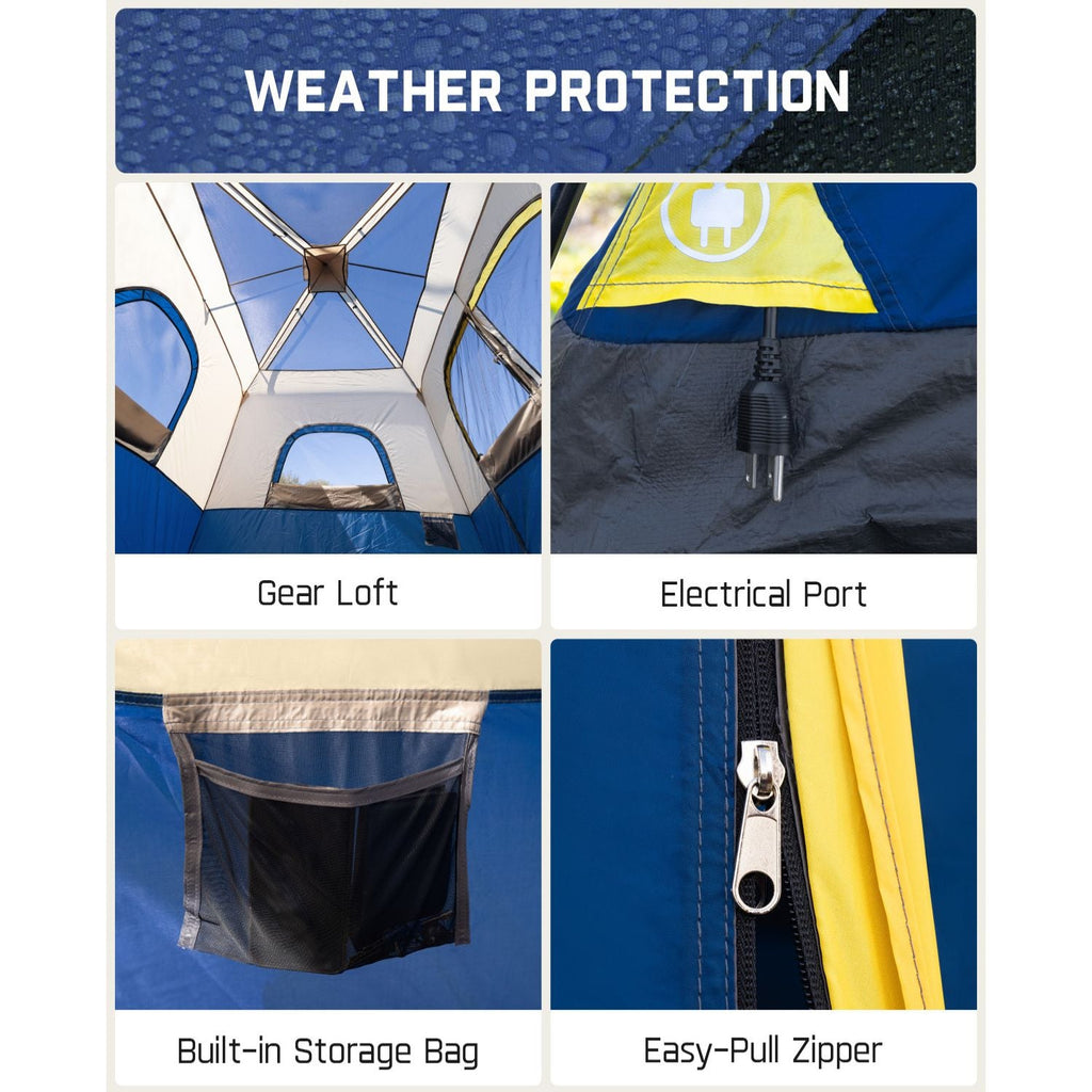 FanttikOutdoor Zeta C4 Pro tent features: weather protection, gear loft, electrical port, storage bag, and easy-pull zipper.