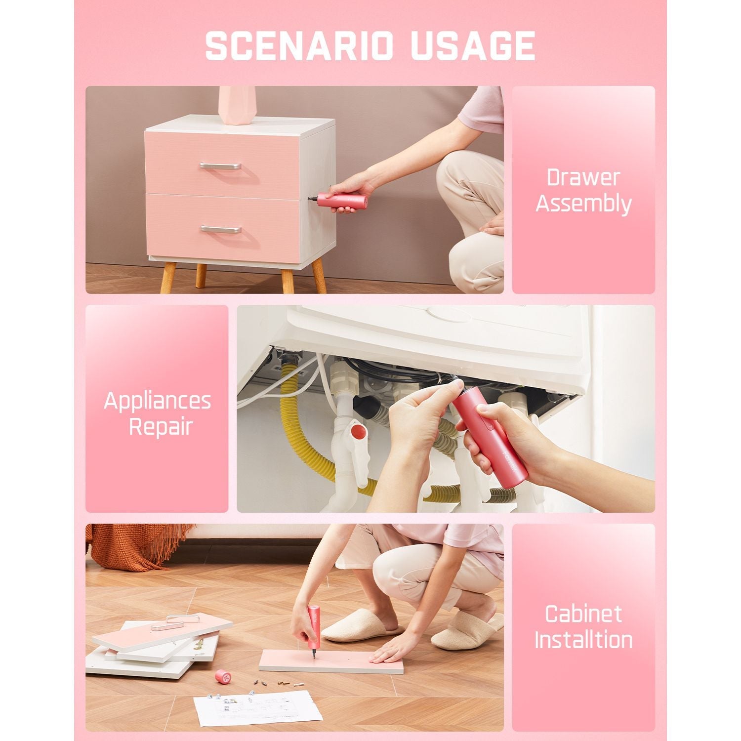 Fanttik S1 Capsule pink screwdriver used for drawer assembly, appliance repair, and cabinet installation scenarios.