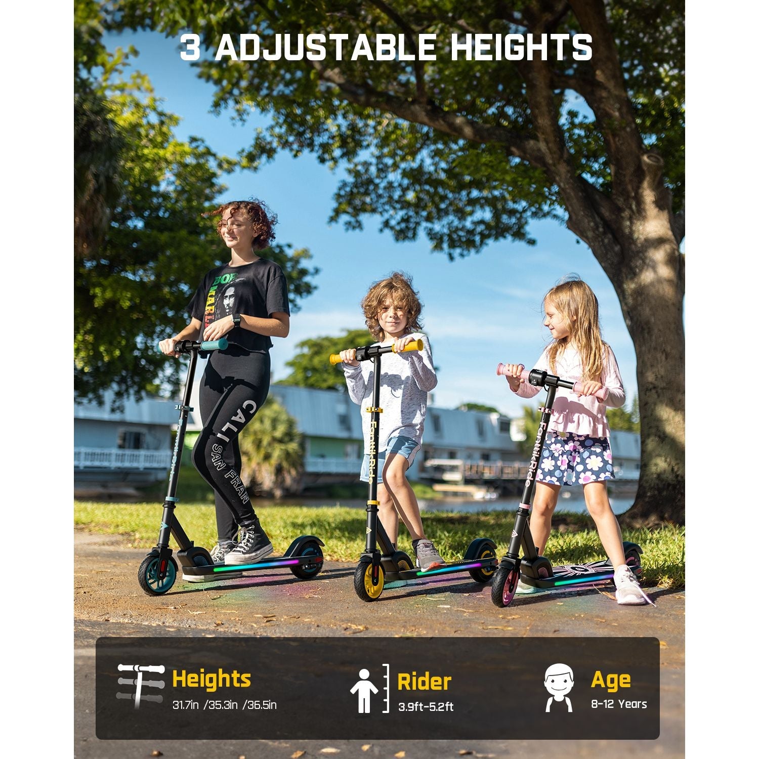FanttikRide C9 Apex electric scooter for kids in blue, showing three adjustable heights for riders 3.9-5.2ft, ages 8-12.