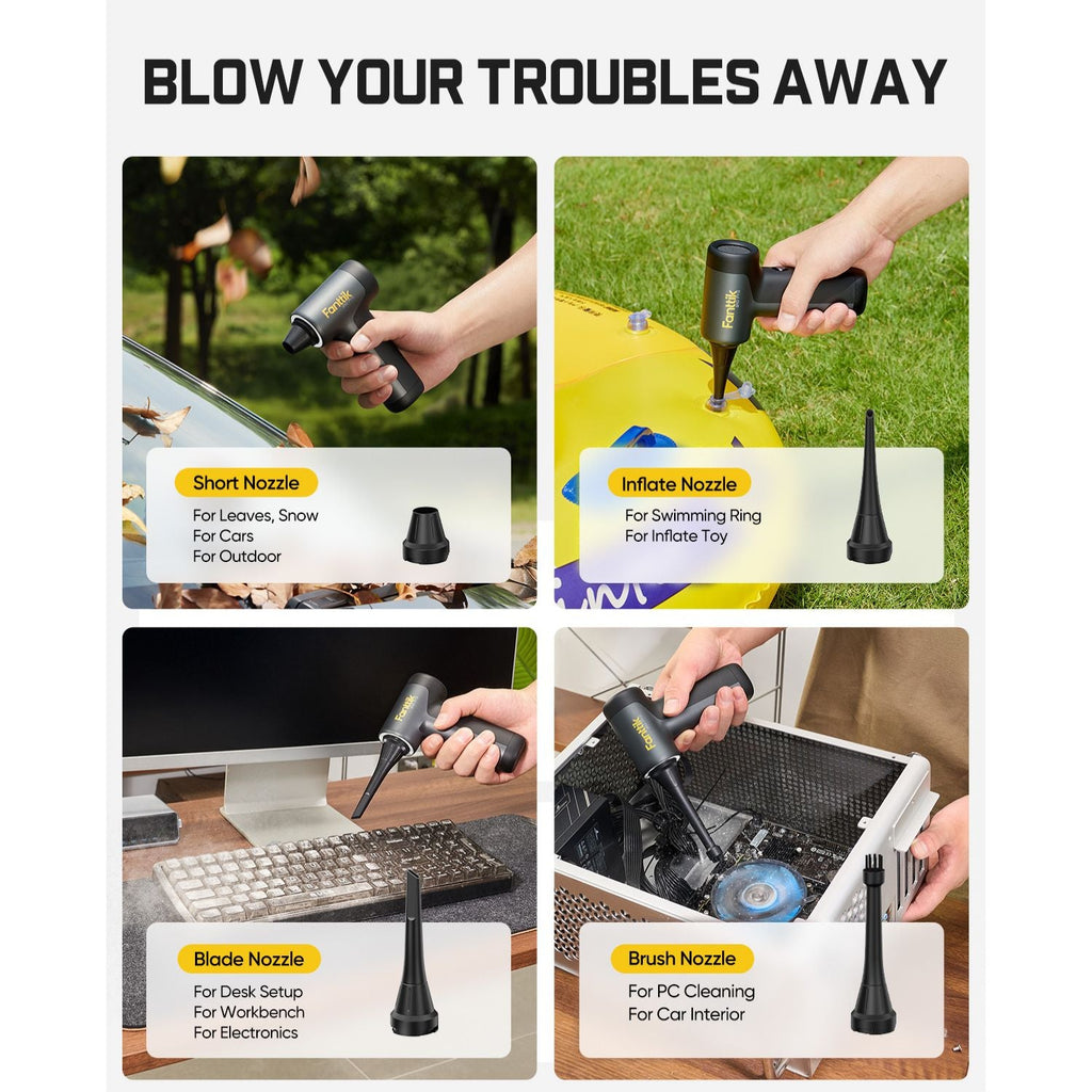 Fanttik B10 Pro electric air duster with four interchangeable nozzles for various cleaning tasks.