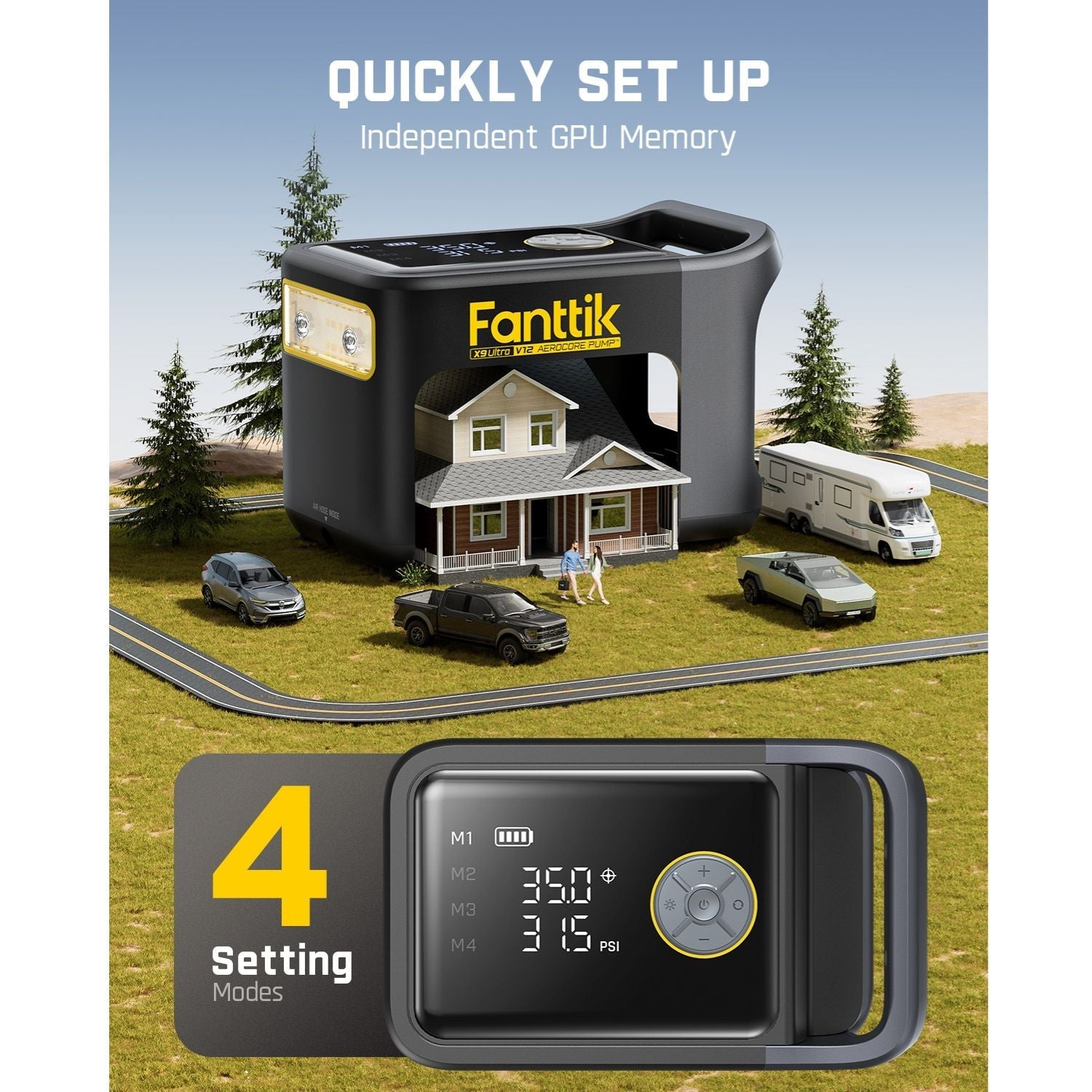 Fanttik X9 Ultra tire inflator with 4 preset modes for pickup trucks and RVs.