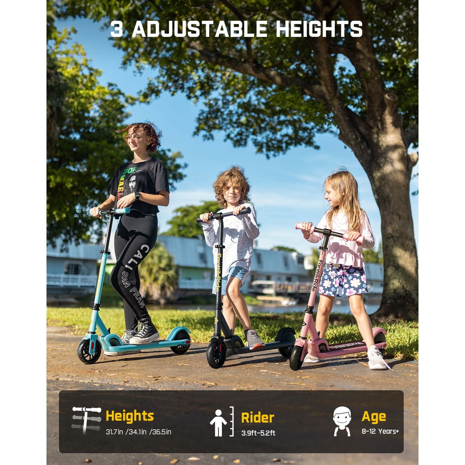 FanttikRide C9 blue electric scooter with adjustable heights for kids 8-12 years old, rider height 3.9-5.2ft.
