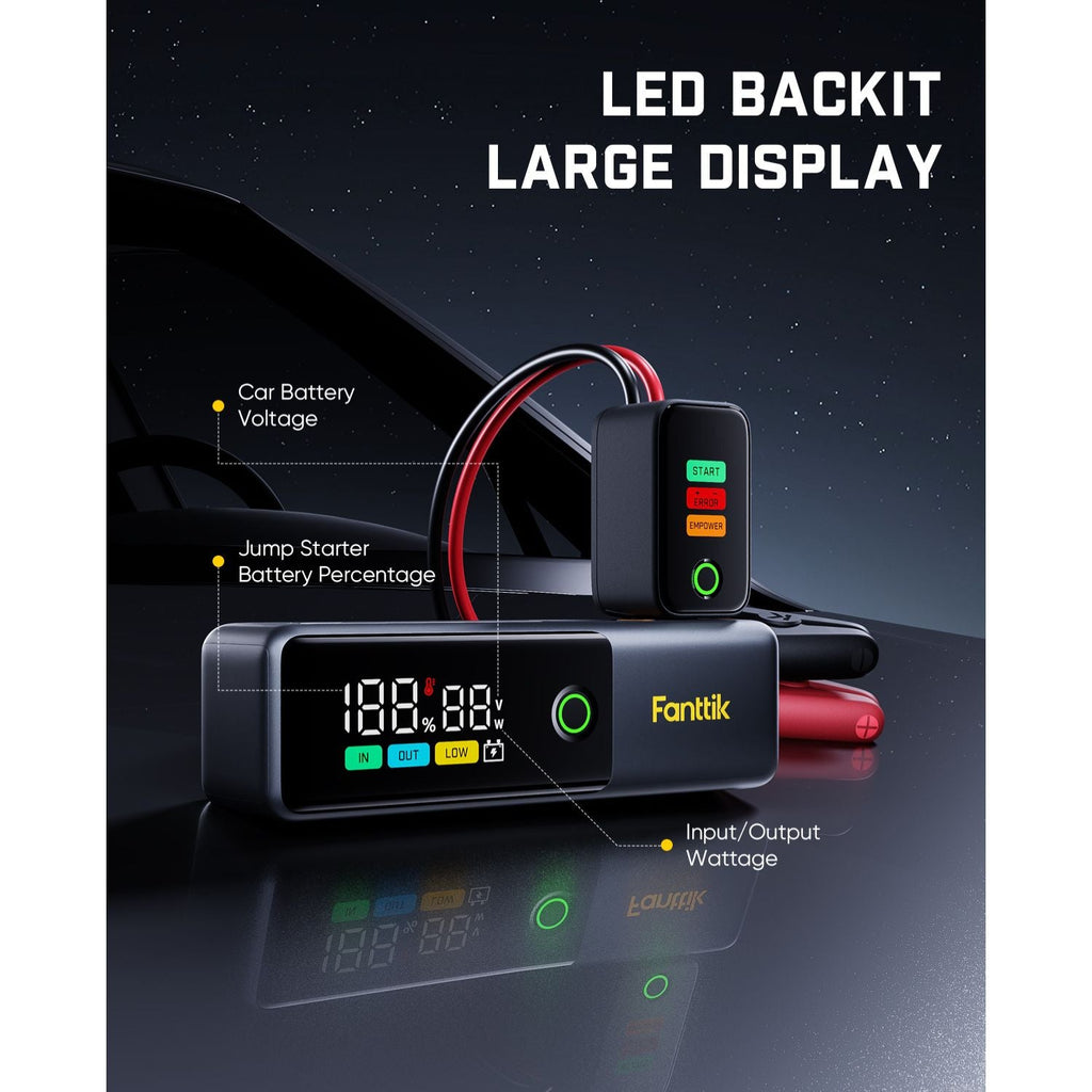 Fanttik T10 jump starter with LED backlit large display showing battery voltage and wattage