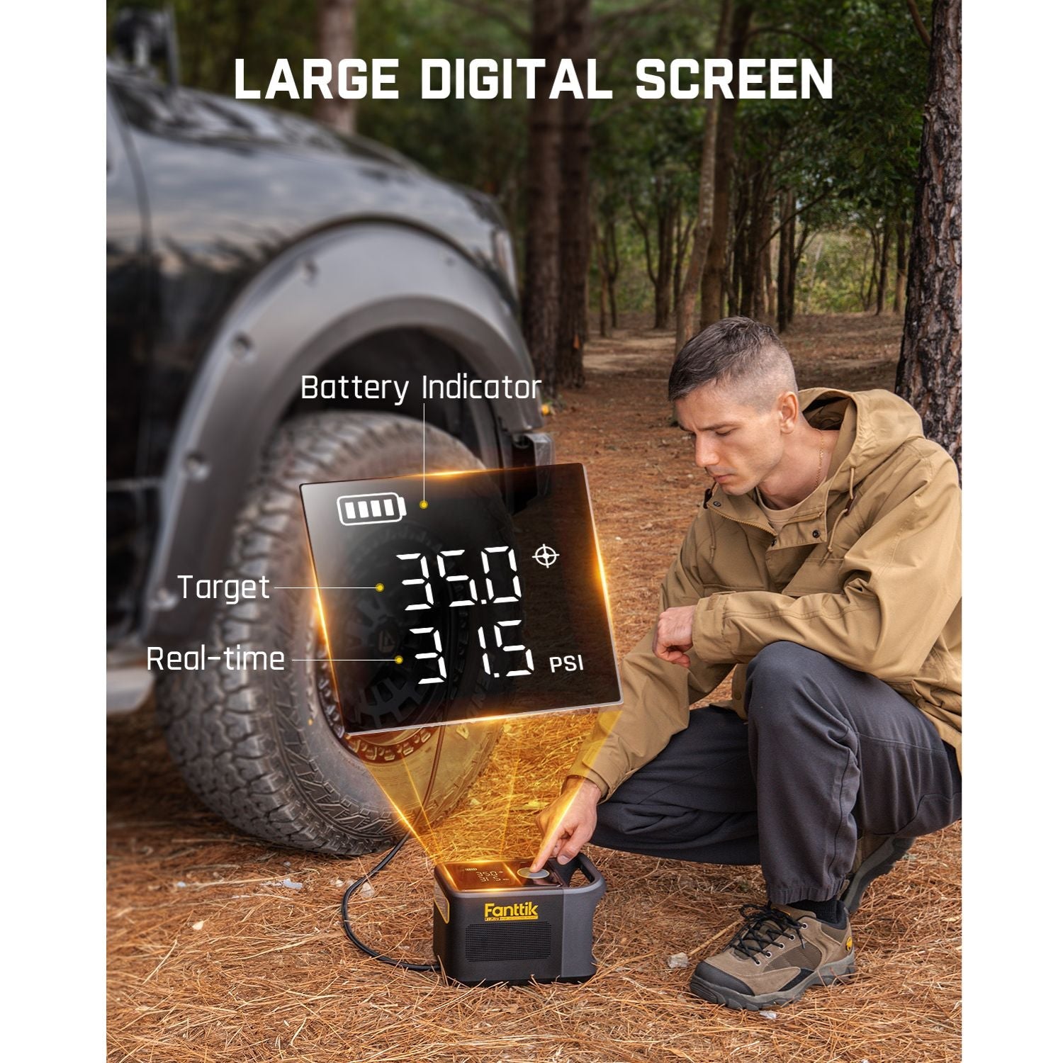 Fanttik X9 Ultra tire inflator digital screen showing 35 PSI target and 31.5 PSI real-time, with battery indicator.