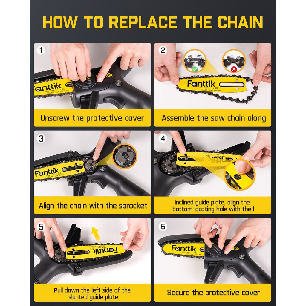 Fanttik W101 chainsaw chain replacement: Unscrew cover, assemble chain, align with sprocket, align guide plate, pull plate, secure cover.