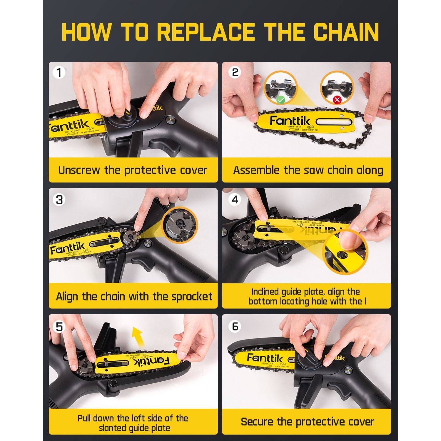 Fanttik W101 chainsaw chain replacement: Unscrew cover, assemble chain, align with sprocket, align guide plate, pull plate, secure cover.