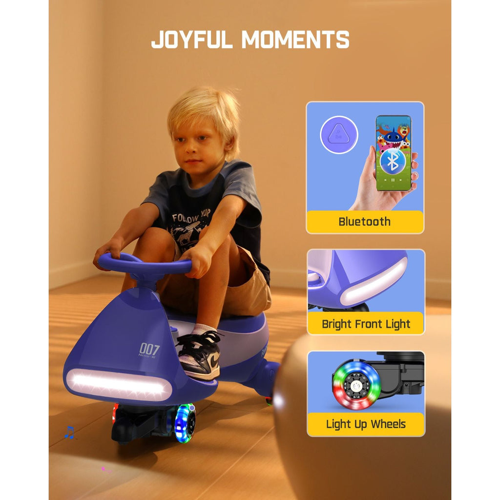 FanttikRide N7 Classic 6V electric wiggle car with bright front light, Bluetooth, and light-up wheels, ridden by a child.