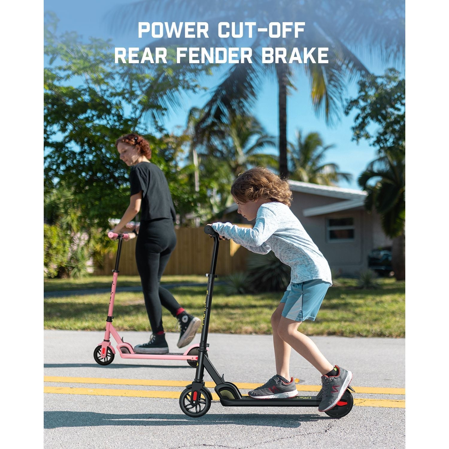 FanttikRide C9 electric scooter for kids with rear fender brake, ridden by children on a sunny day.