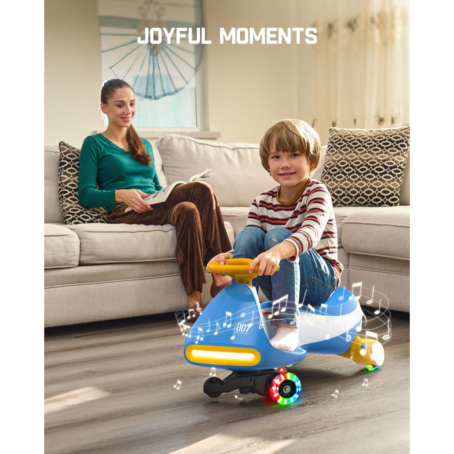 Blue FanttikRide N7 Pro wiggle car with flashing wheels, ridden by a boy. Features 'JOYFUL MOMENTS' text.