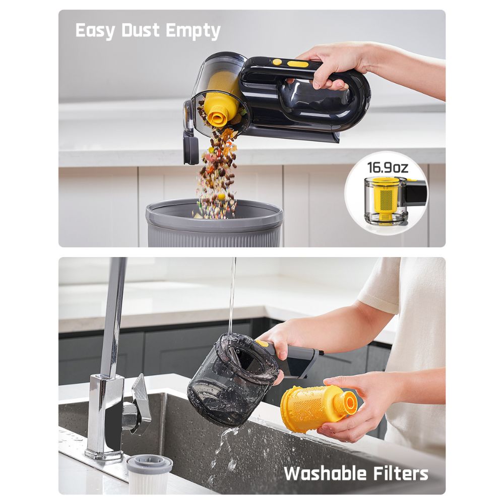 Fanttik V10 Apex car vacuum dustbin emptying into trash and filter being washed under a faucet.