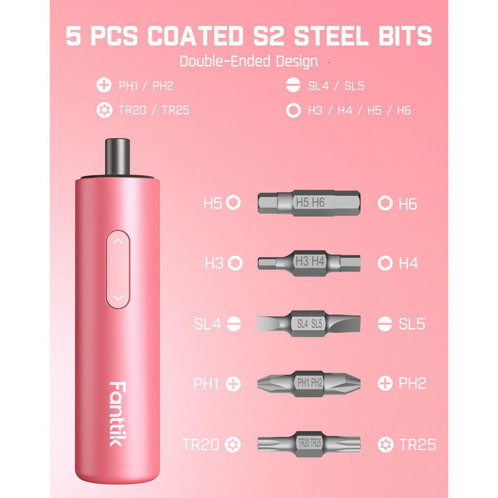 Pink Fanttik S1 Capsule cordless screwdriver with 5 double-ended S2 steel bits: PH1/PH2, TR20/TR25, SL4/SL5, H3/H4/H5/H6.