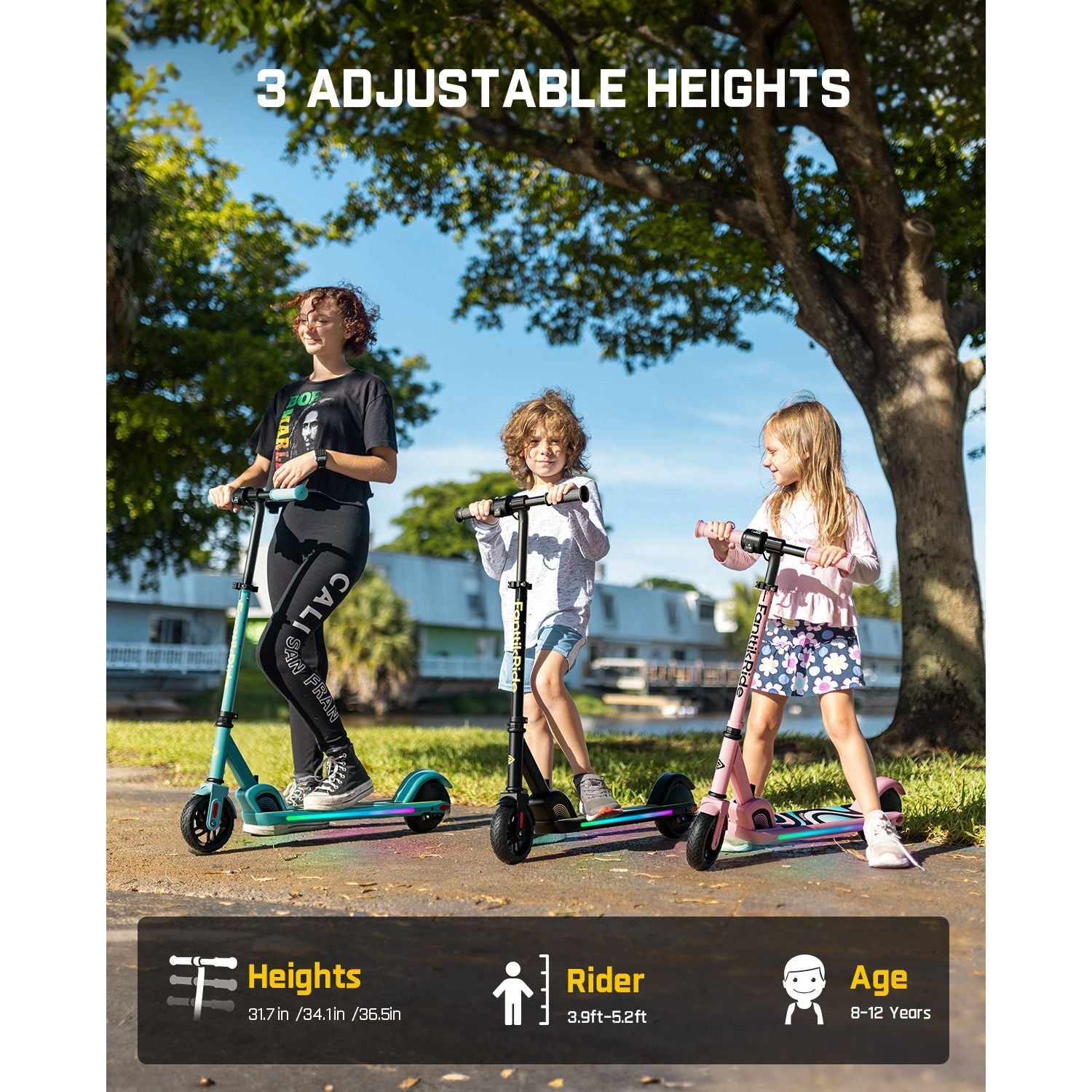 FanttikRide C9 Pro kids electric scooter in blue with adjustable heights, rider size, and age recommendations.