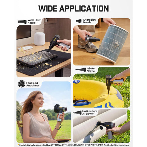 Multifunctional tool with various attachments used in different scenarios.