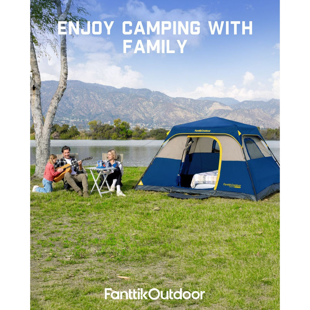 FanttikOutdoor Zeta C4 Pro instant tent in blue and tan, set up by a lake with a family enjoying nature.