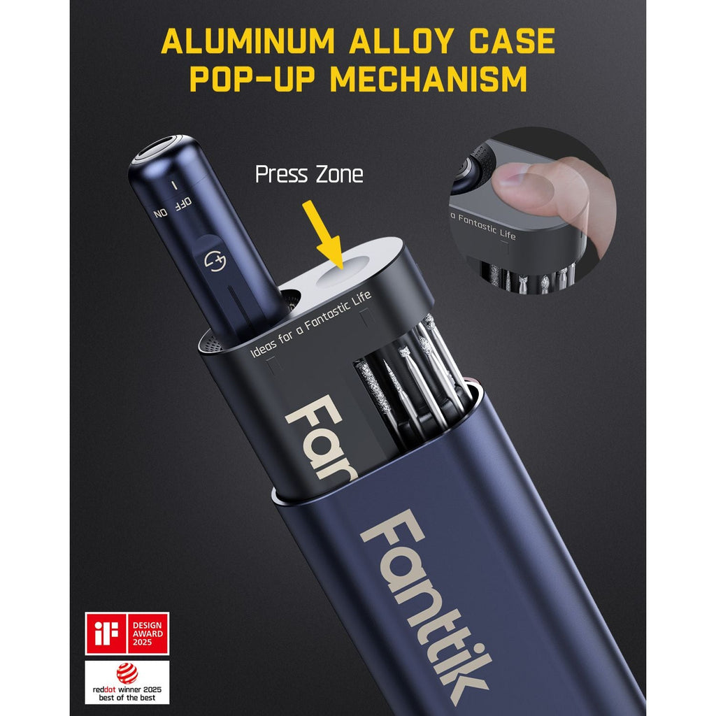 Fanttik F2 Master Mini Cordless Rotary Tool Kit 4V -Blue case with pop-up mechanism featuring 'Fantik' branding on a dark background.