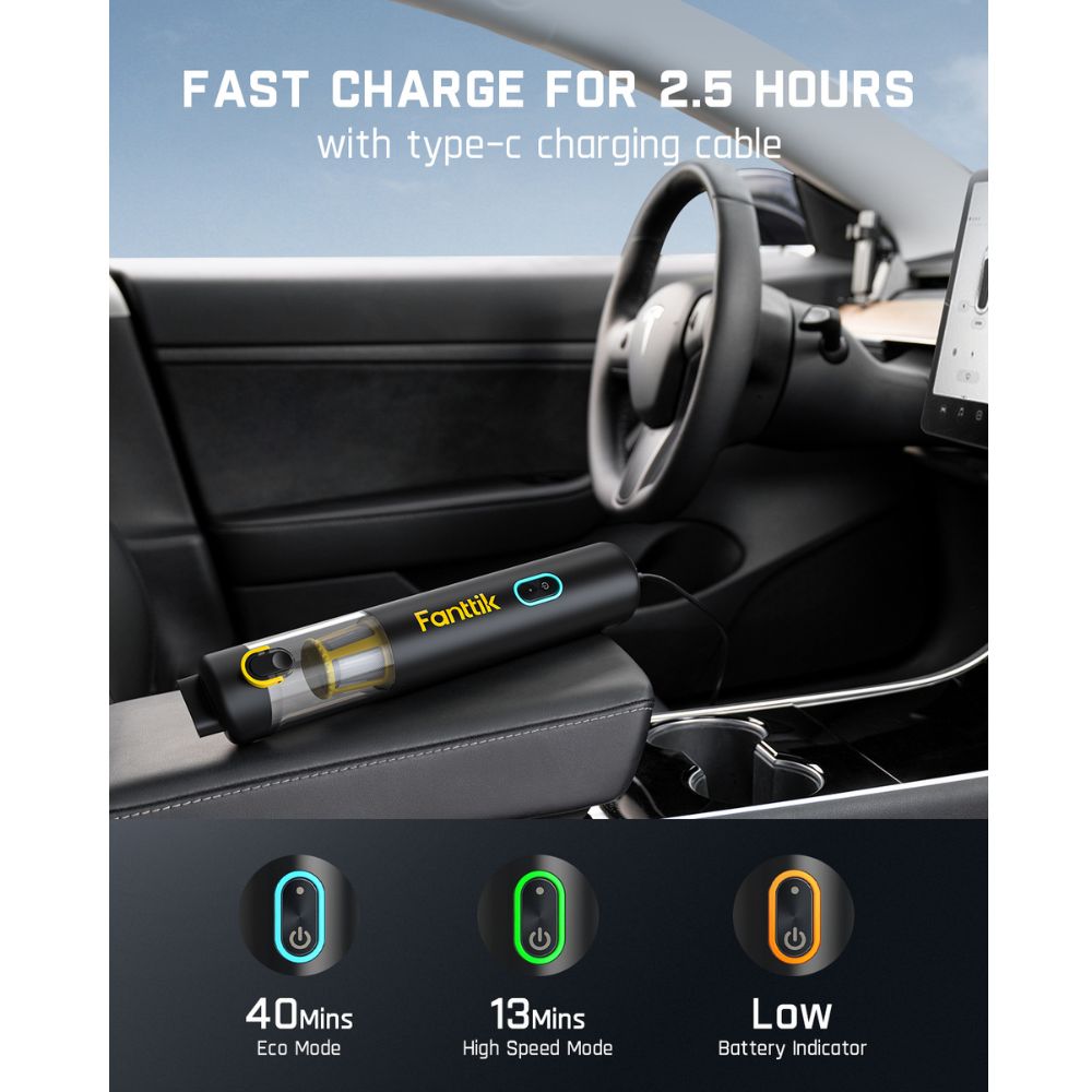 Fanttik V8 Apex car vacuum with USB-C fast charge. Shows 40 min Eco Mode, 13 min High Speed Mode, and low battery.